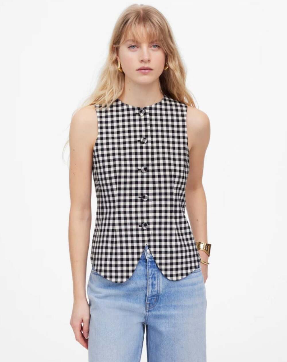 Madewell Single-Breasted Crewneck Vest Sz 4 Black White Gingham Wool Blend Lined
